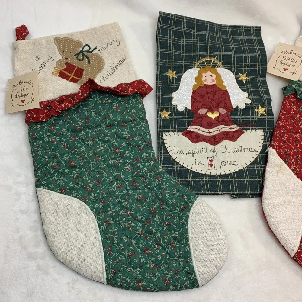 Vtg Valorie's Folk Art Appliqué Red Green Christmas Stockings & Angel Hand Towel